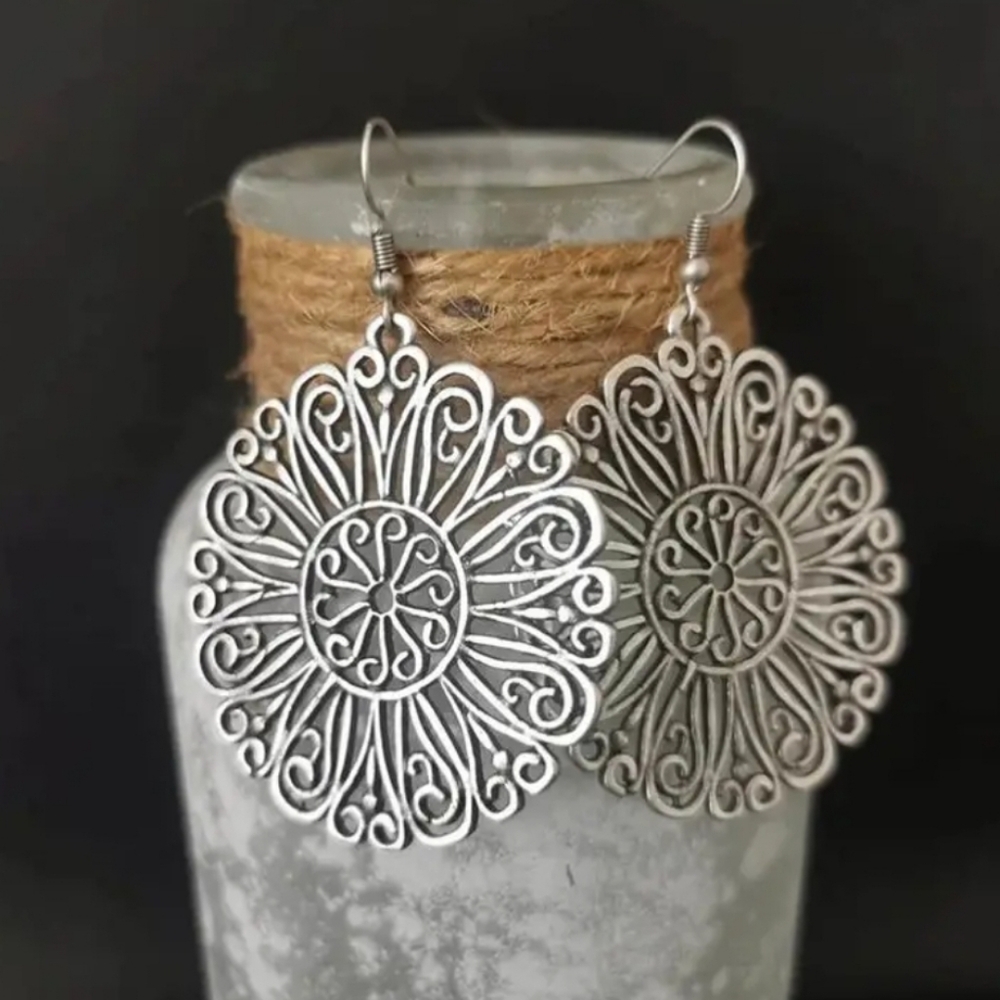 BOHO silver floral drop dangele earrings.